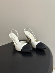 CHANEL 26S POINTED TOE HIGH HEEL SLINGBACKS 85 MM IN BLACK MIX WHITE LAMBSKIN