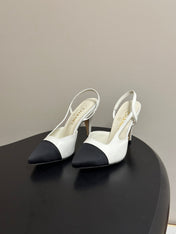 CHANEL 26S POINTED TOE HIGH HEEL SLINGBACKS 85 MM IN BLACK MIX WHITE LAMBSKIN