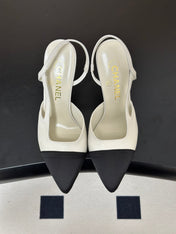 CHANEL 26S POINTED TOE HIGH HEEL SLINGBACKS 85 MM IN BLACK MIX WHITE LAMBSKIN
