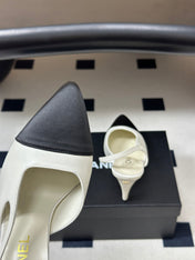 CHANEL 26S POINTED TOE HIGH HEEL SLINGBACKS 85 MM IN BLACK MIX WHITE LAMBSKIN