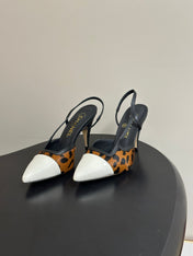 CHANEL 26S POINTED TOE HIGH HEEL SLINGBACKS 85 MM IN BROWN PONY HAIR WITH WHITE TOE