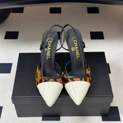 CHANEL 26S POINTED TOE HIGH HEEL SLINGBACKS 85 MM IN BROWN PONY HAIR WITH WHITE TOE