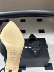CHANEL 26S POINTED TOE HIGH HEEL SLINGBACKS 85 MM IN BLACK LAMBSKIN AND FABRIC