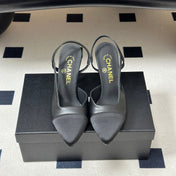 CHANEL 26S POINTED TOE HIGH HEEL SLINGBACKS 85 MM IN BLACK LAMBSKIN AND FABRIC