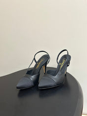 CHANEL 26S POINTED TOE HIGH HEEL SLINGBACKS 85 MM IN BLACK LAMBSKIN AND FABRIC