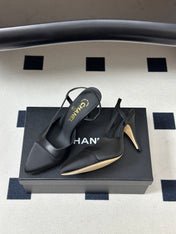 CHANEL 26S POINTED TOE HIGH HEEL SLINGBACKS 85 MM IN BLACK LAMBSKIN AND FABRIC