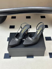 CHANEL 26S POINTED TOE HIGH HEEL SLINGBACKS 85 MM IN BLACK LAMBSKIN AND FABRIC