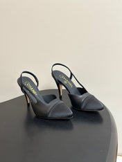 CHANEL 26S POINTED TOE HIGH HEEL SLINGBACKS 85 MM IN BLACK LAMBSKIN AND FABRIC