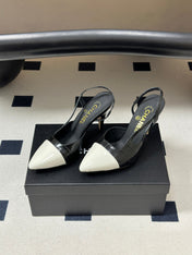 CHANEL 26S POINTED TOE HIGH HEEL SLINGBACKS 85 MM IN IN WHITE LAMBSKIN AND BLACK FABRIC