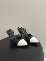 CHANEL 26S POINTED TOE HIGH HEEL SLINGBACKS 85 MM IN IN WHITE LAMBSKIN AND BLACK FABRIC
