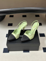 CHANEL 26S POINTED TOE HIGH HEEL SLINGBACKS 85 MM IN PASTEL GREEN LAMBSKIN WITH BLACK TOE