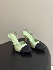 CHANEL 26S POINTED TOE HIGH HEEL SLINGBACKS 85 MM IN PASTEL GREEN LAMBSKIN WITH BLACK TOE