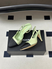 CHANEL 26S POINTED TOE HIGH HEEL SLINGBACKS 85 MM IN PASTEL GREEN LAMBSKIN WITH BLACK TOE