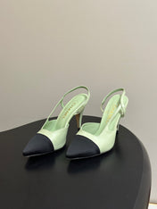 CHANEL 26S POINTED TOE HIGH HEEL SLINGBACKS 85 MM IN PASTEL GREEN LAMBSKIN WITH BLACK TOE