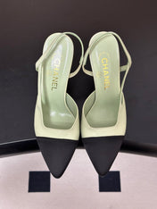 CHANEL 26S POINTED TOE HIGH HEEL SLINGBACKS 85 MM IN PASTEL GREEN LAMBSKIN WITH BLACK TOE
