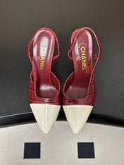 CHANEL 26S POINTED TOE HIGH HEEL SLINGBACKS 85 MM IN  DARK RED MIX WHITE LAMBSKIN