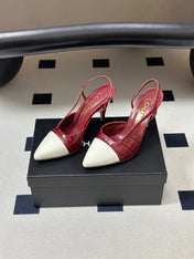 CHANEL 26S POINTED TOE HIGH HEEL SLINGBACKS 85 MM IN  DARK RED MIX WHITE LAMBSKIN