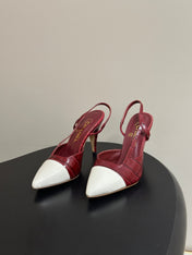 CHANEL 26S POINTED TOE HIGH HEEL SLINGBACKS 85 MM IN  DARK RED MIX WHITE LAMBSKIN