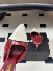 CHANEL 26S POINTED TOE HIGH HEEL SLINGBACKS 85 MM IN  DARK RED MIX WHITE LAMBSKIN