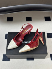CHANEL 26S POINTED TOE HIGH HEEL SLINGBACKS 85 MM IN  DARK RED MIX WHITE LAMBSKIN