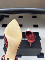 CHANEL 26S POINTED TOE HIGH HEEL SLINGBACKS 85 MM IN  DARK RED MIX WHITE LAMBSKIN