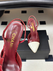 CHANEL 26S POINTED TOE HIGH HEEL SLINGBACKS 85 MM IN  DARK RED MIX WHITE LAMBSKIN