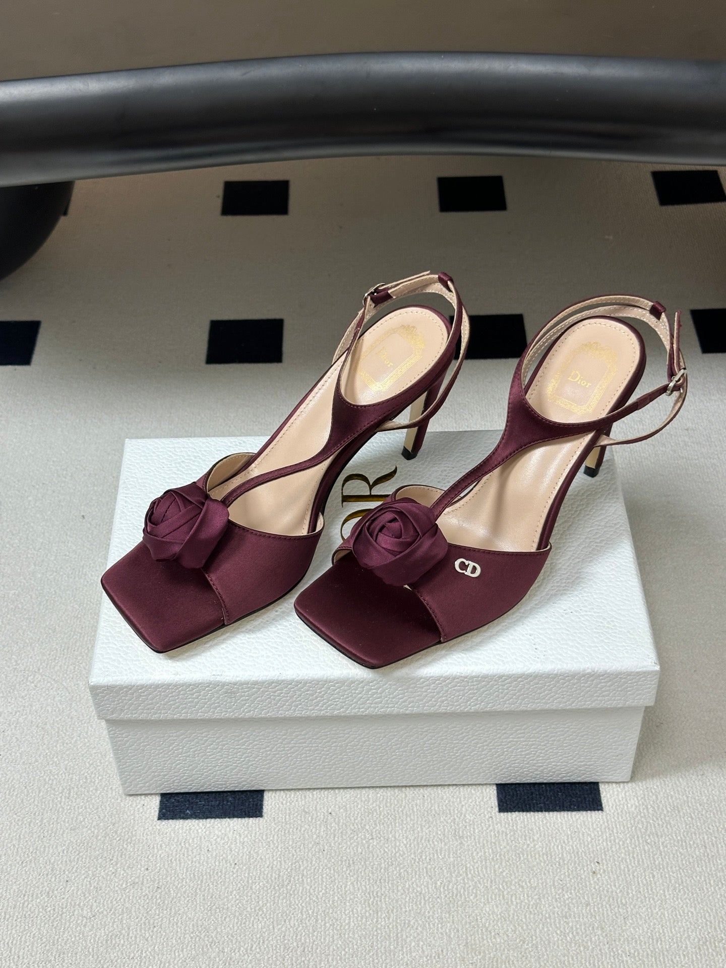 DIOR 26S ROSE HEELED SANDALS 85MM IN BURGUNDY RED SATIN