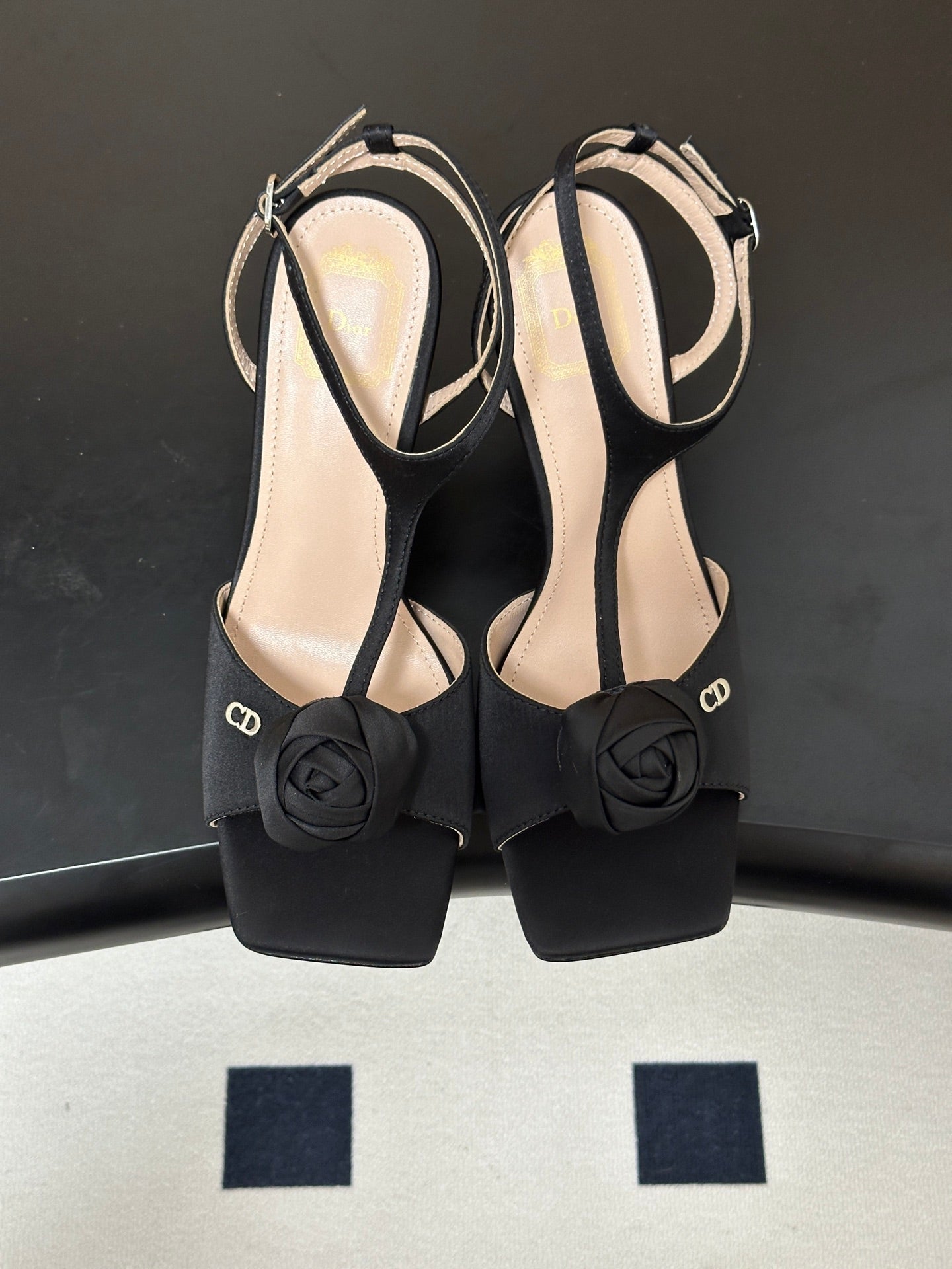 DIOR 26S ROSE HEELED SANDALS 85MM IN BLACK SATIN