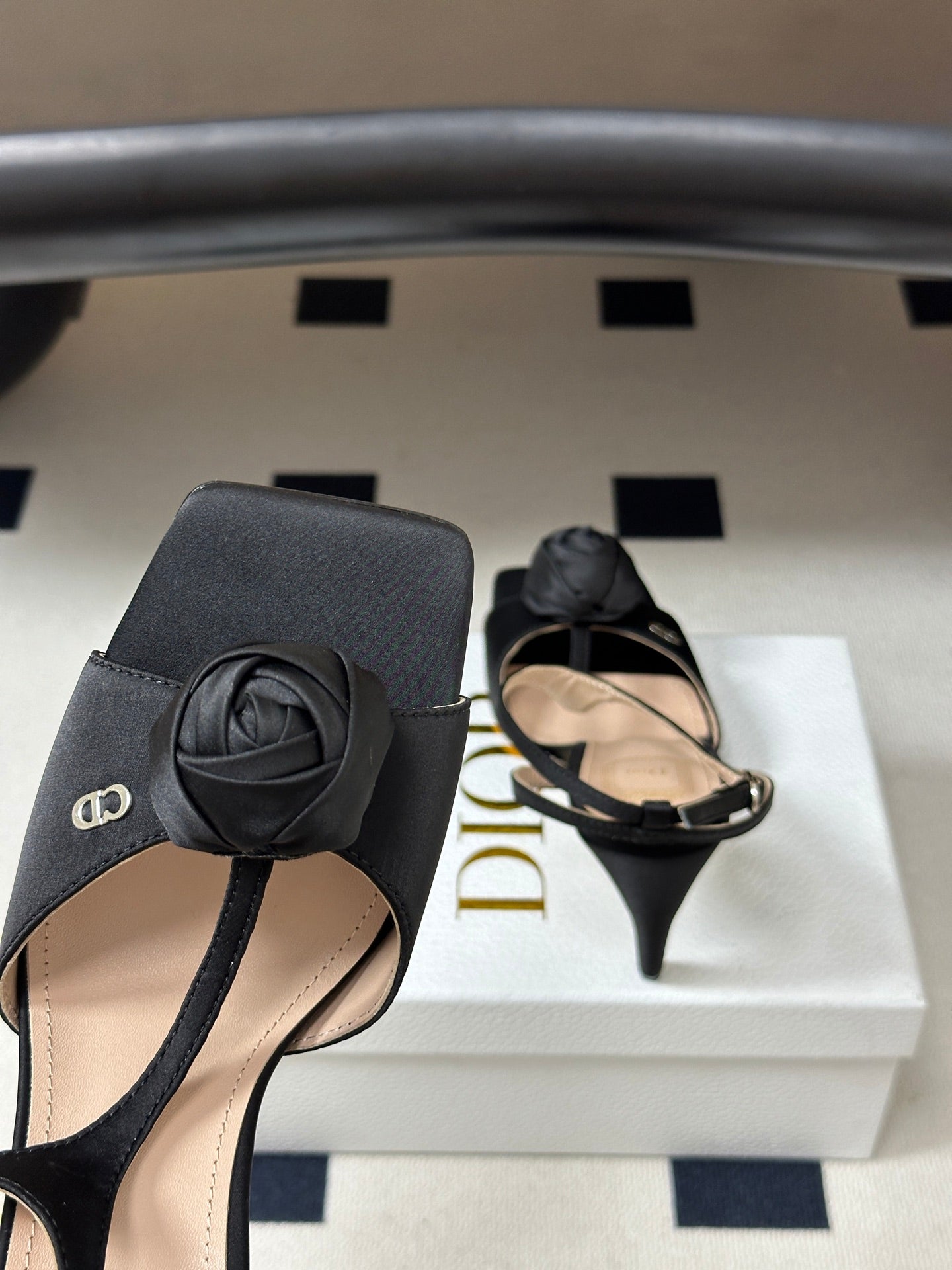 DIOR 26S ROSE HEELED SANDALS 85MM IN BLACK SATIN