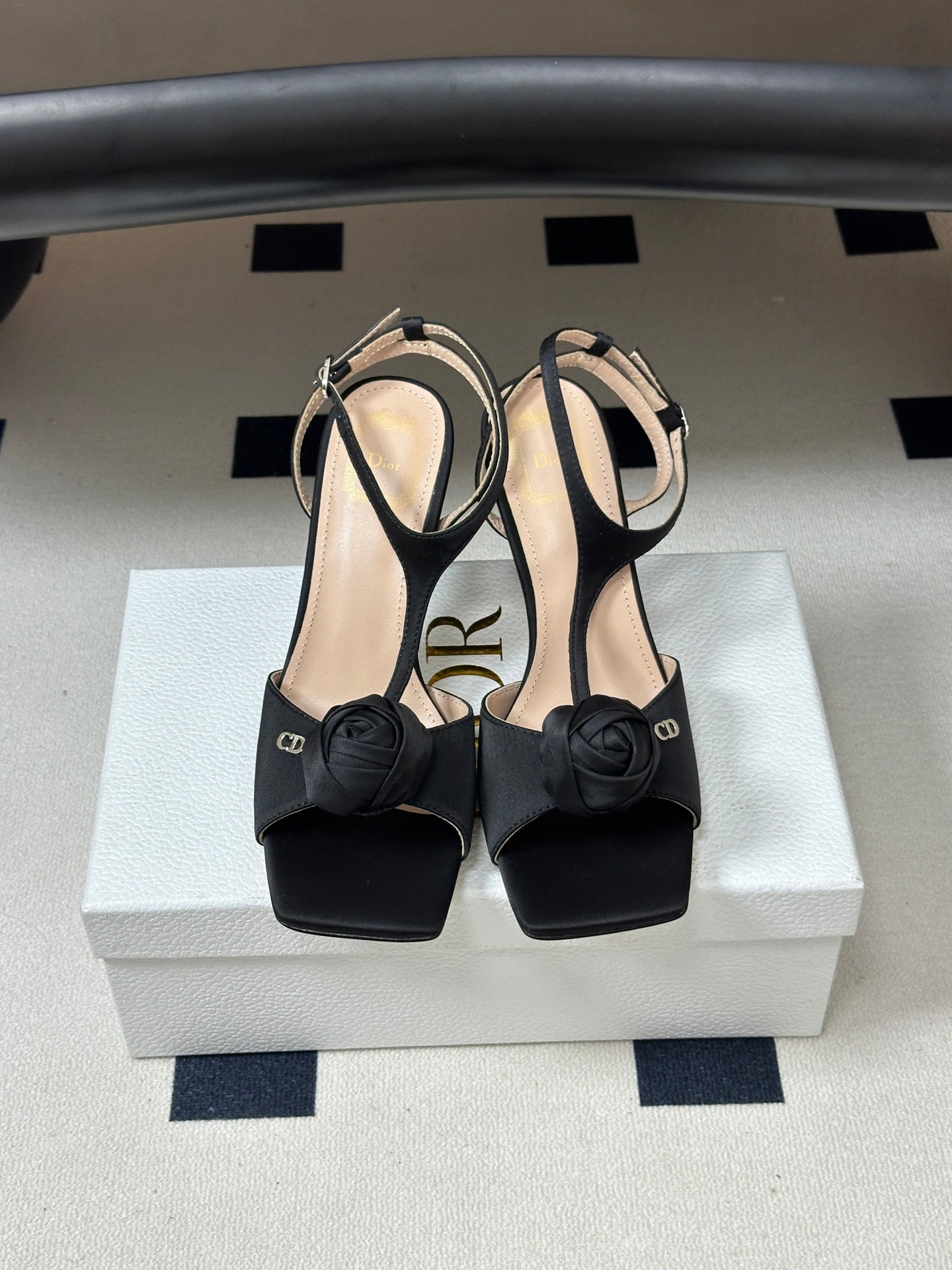 DIOR 26S ROSE HEELED SANDALS 85MM IN BLACK SATIN