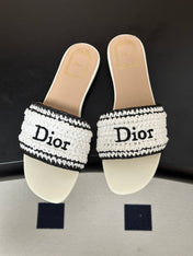 DIOR 26S FLAT SLIDE SANDALS IN IVORY WHITE RAFFIA
