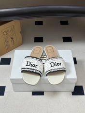 DIOR 26S FLAT SLIDE SANDALS IN IVORY WHITE RAFFIA