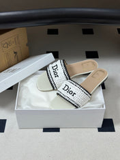DIOR 26S FLAT SLIDE SANDALS IN IVORY WHITE RAFFIA