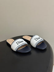 DIOR 26S FLAT SLIDE SANDALS IN WHITE AND NAVY BLUE RAFFIA