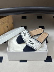 DIOR 26S FLAT SLIDE SANDALS IN WHITE AND NAVY BLUE RAFFIA