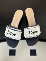 DIOR 26S BLOCK-HEEL SLIDE SANDALS 40MM IN WHITE AND DEEP BLUE RAFFIA