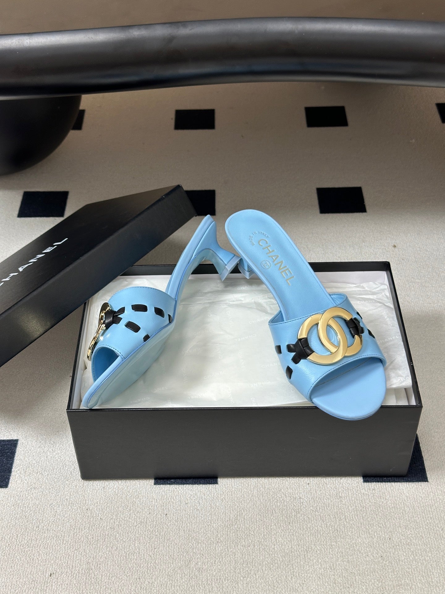 CHANEL 26S HIGH HEEL MULE IN LIGHT BLUE LAMBSKIN WITH GOLD TONE CC LOGO