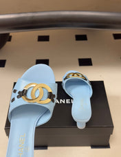 CHANEL 26S HIGH HEEL MULE IN LIGHT BLUE LAMBSKIN WITH GOLD TONE CC LOGO