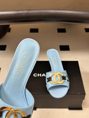 CHANEL 26S HIGH HEEL MULE IN LIGHT BLUE LAMBSKIN WITH GOLD TONE CC LOGO