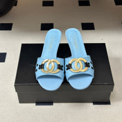 CHANEL 26S HIGH HEEL MULE IN LIGHT BLUE LAMBSKIN WITH GOLD TONE CC LOGO