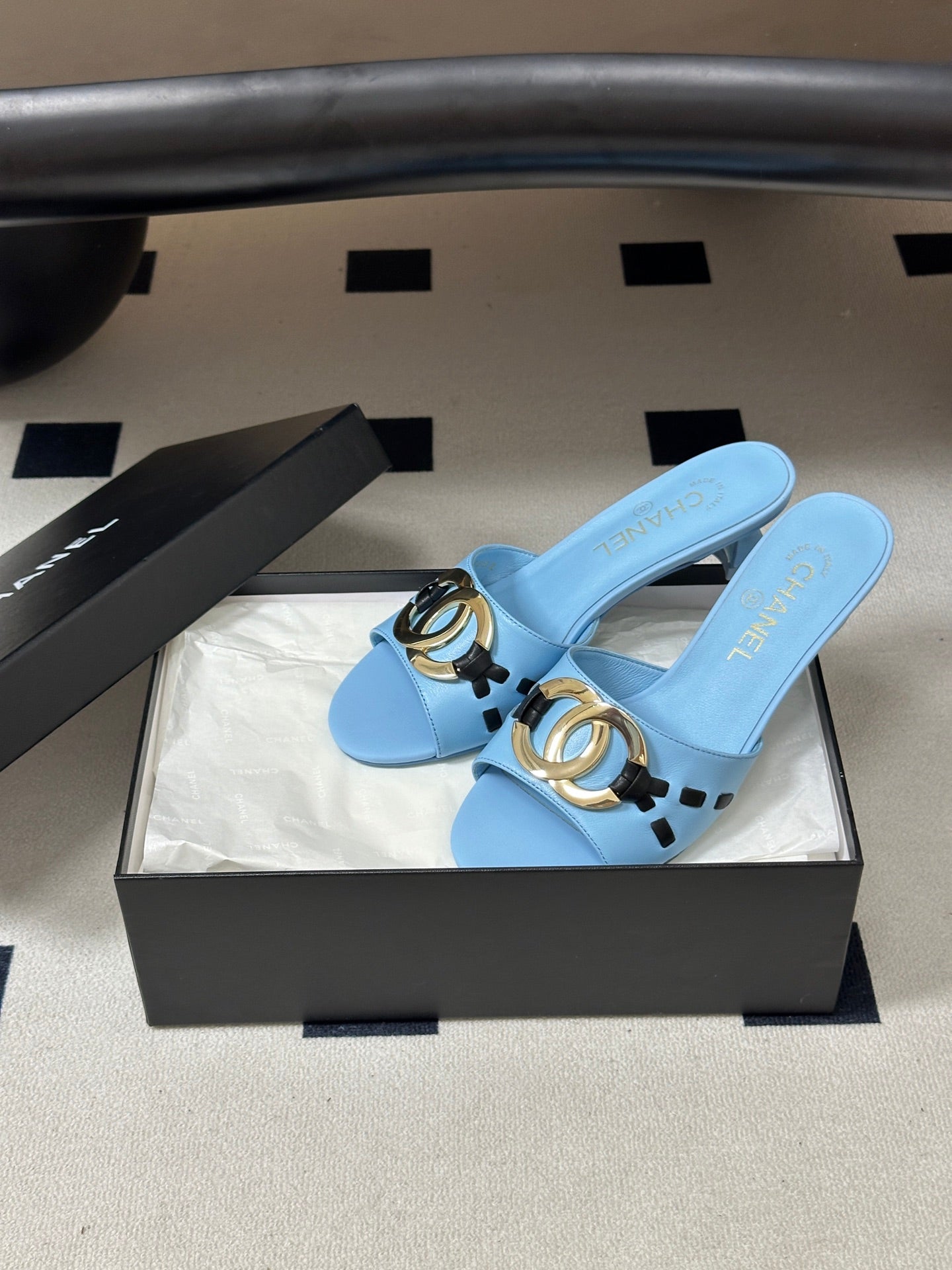 CHANEL 26S HIGH HEEL MULE IN LIGHT BLUE LAMBSKIN WITH GOLD TONE CC LOGO