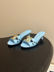 CHANEL 26S HIGH HEEL MULE IN LIGHT BLUE LAMBSKIN WITH GOLD TONE CC LOGO