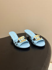 CHANEL 26S HIGH HEEL MULE IN LIGHT BLUE LAMBSKIN WITH GOLD TONE CC LOGO
