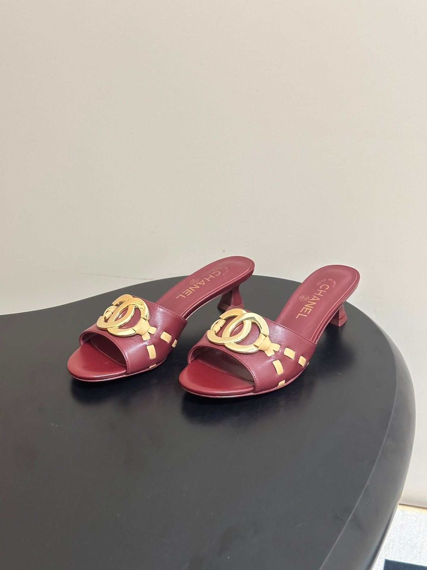 CHANEL 26S HIGH HEEL MULE IN RED LAMBSKIN WITH GOLD TONE CC LOGO
