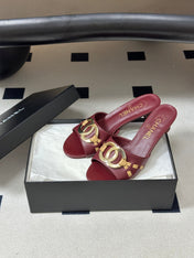 CHANEL 26S HIGH HEEL MULE IN RED LAMBSKIN WITH GOLD TONE CC LOGO