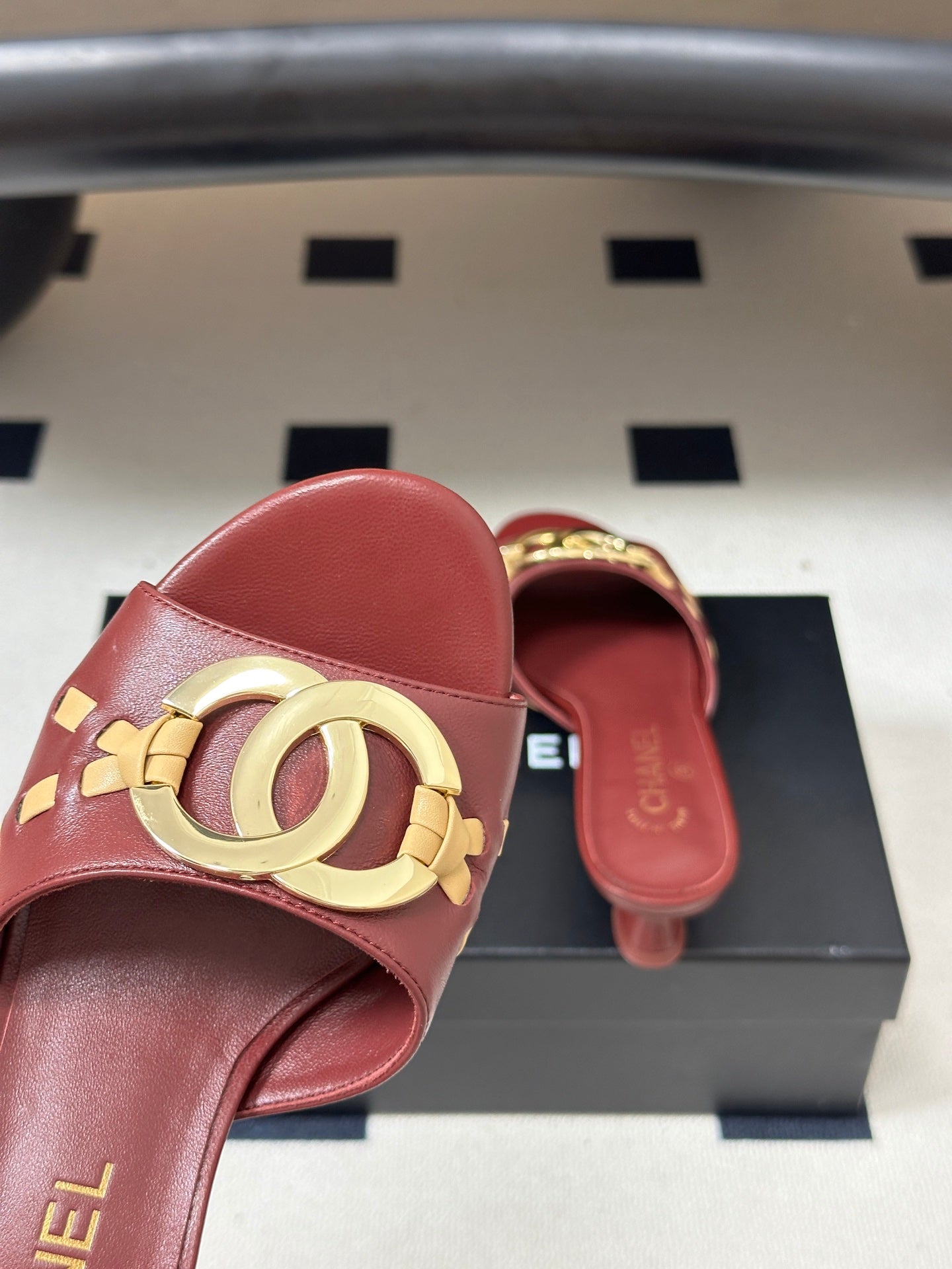 CHANEL 26S HIGH HEEL MULE IN RED LAMBSKIN WITH GOLD TONE CC LOGO