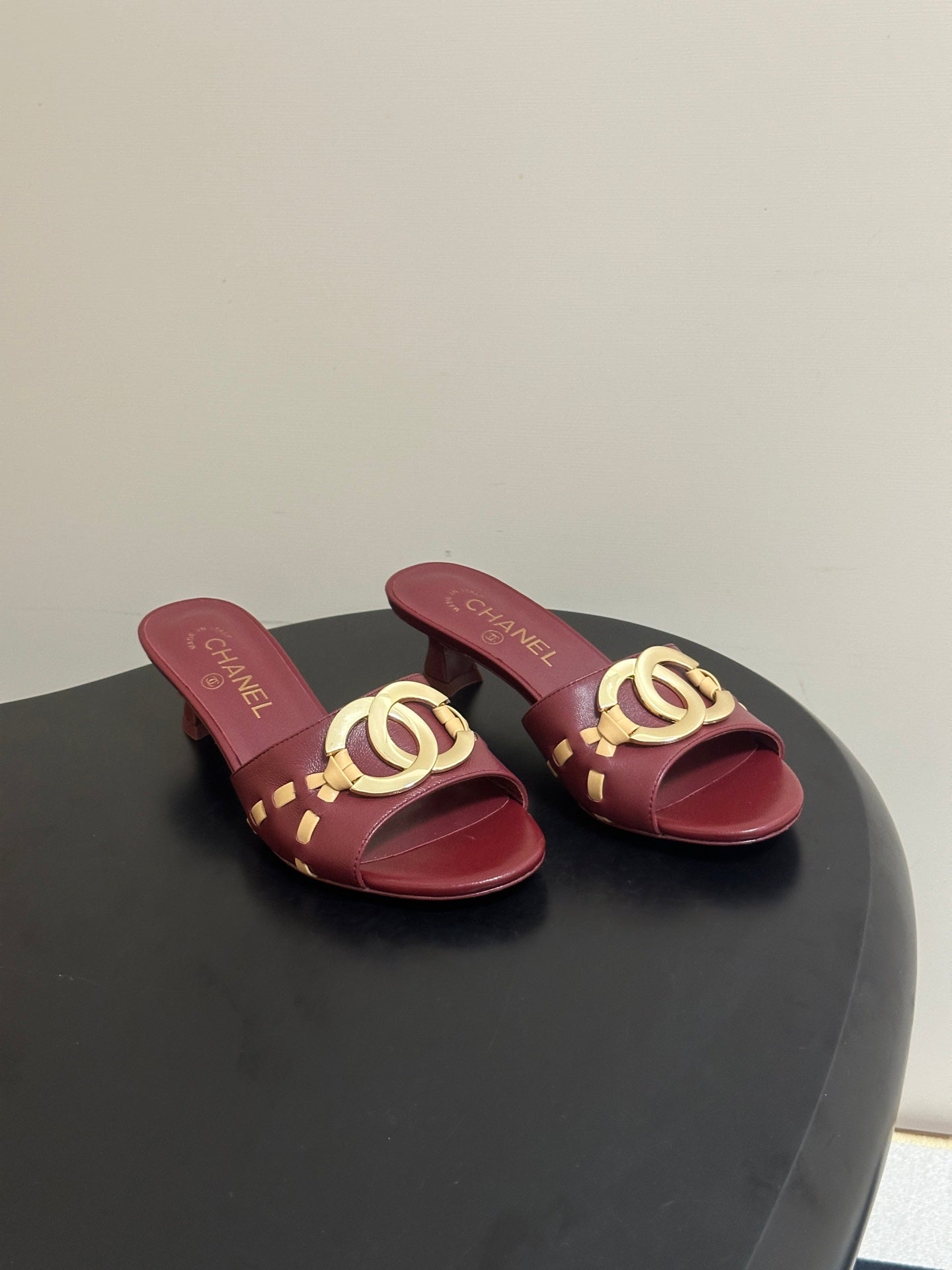 CHANEL 26S HIGH HEEL MULE IN RED LAMBSKIN WITH GOLD TONE CC LOGO