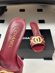 CHANEL 26S HIGH HEEL MULE IN RED LAMBSKIN WITH GOLD TONE CC LOGO