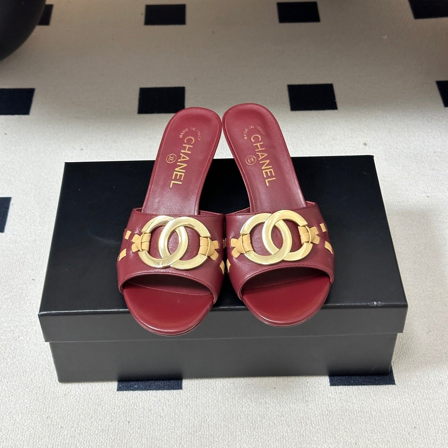 CHANEL 26S HIGH HEEL MULE IN RED LAMBSKIN WITH GOLD TONE CC LOGO