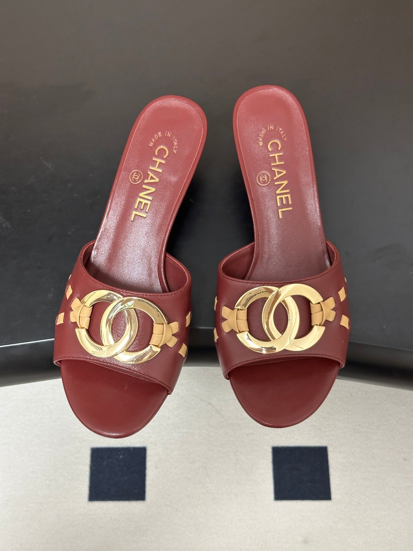 CHANEL 26S HIGH HEEL MULE IN RED LAMBSKIN WITH GOLD TONE CC LOGO